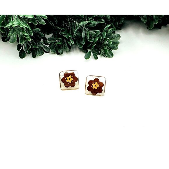 Vintage Inlay Flower Square Stud Earrings Boho design - Picture 4 of 5